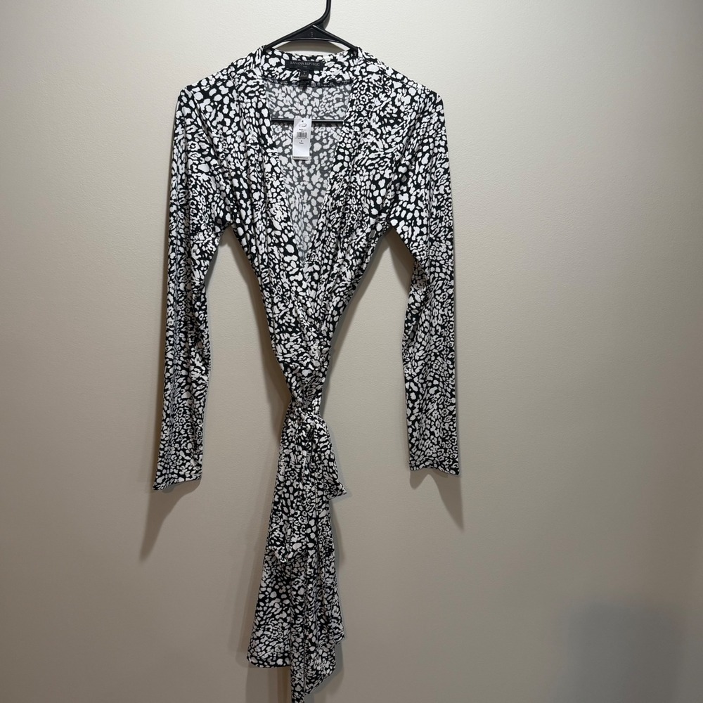 Banana Republic Factory Black White Abstract Wrap Dress Tall Small Long Sleeve